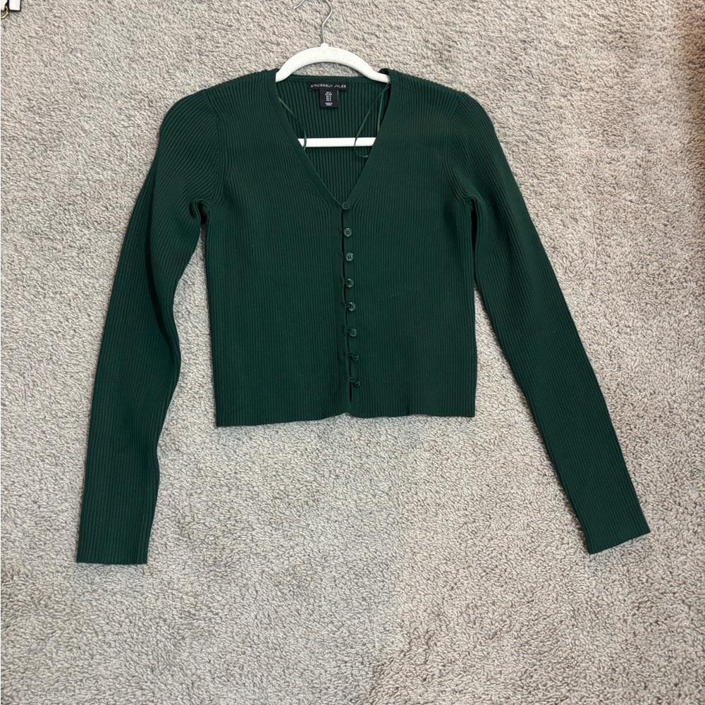 Sincerely Jules Deep Green Ribbed Button-Up Cardigan